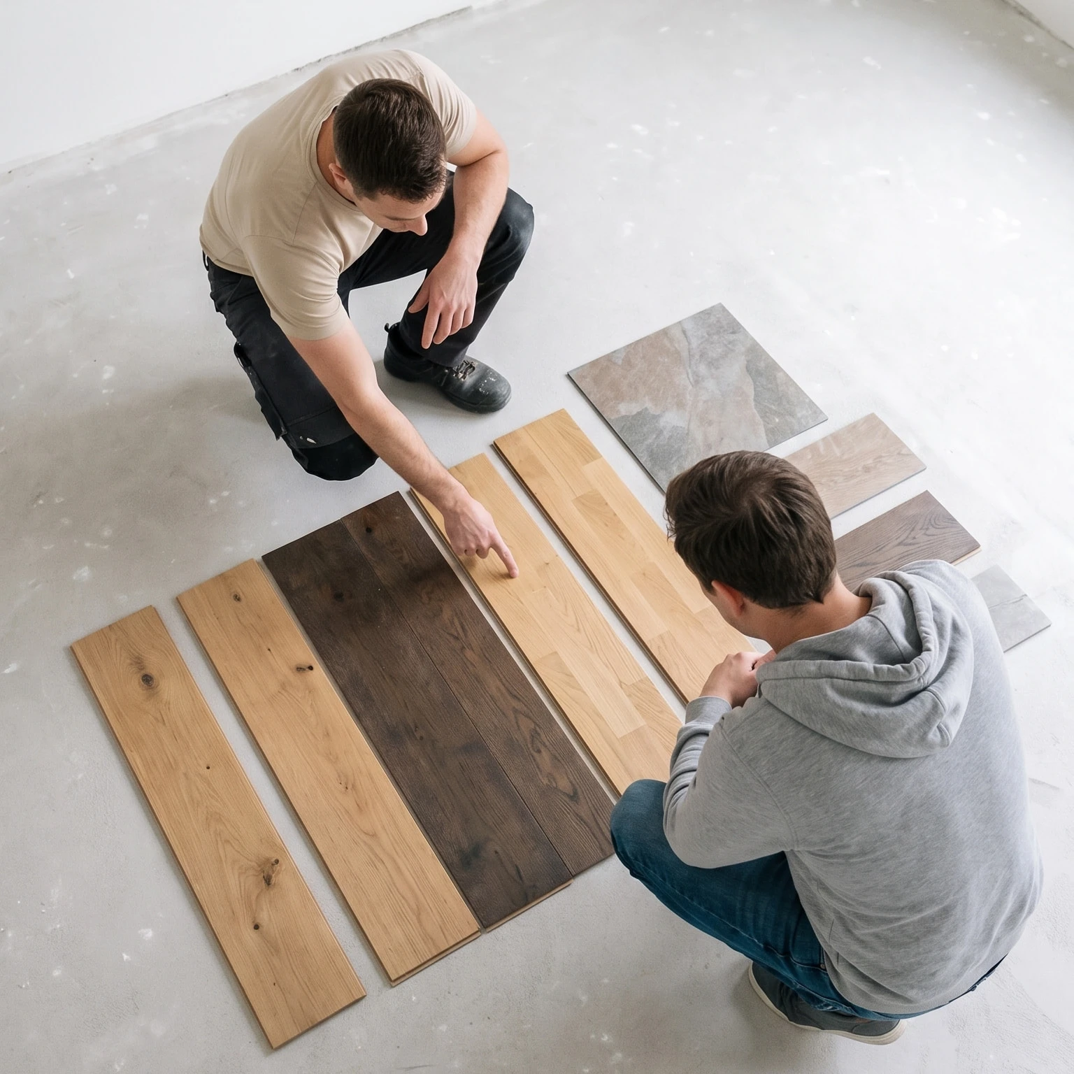 Bodenleger zeigt einem Kunden vor Ort Holz- und Designboden-Muster