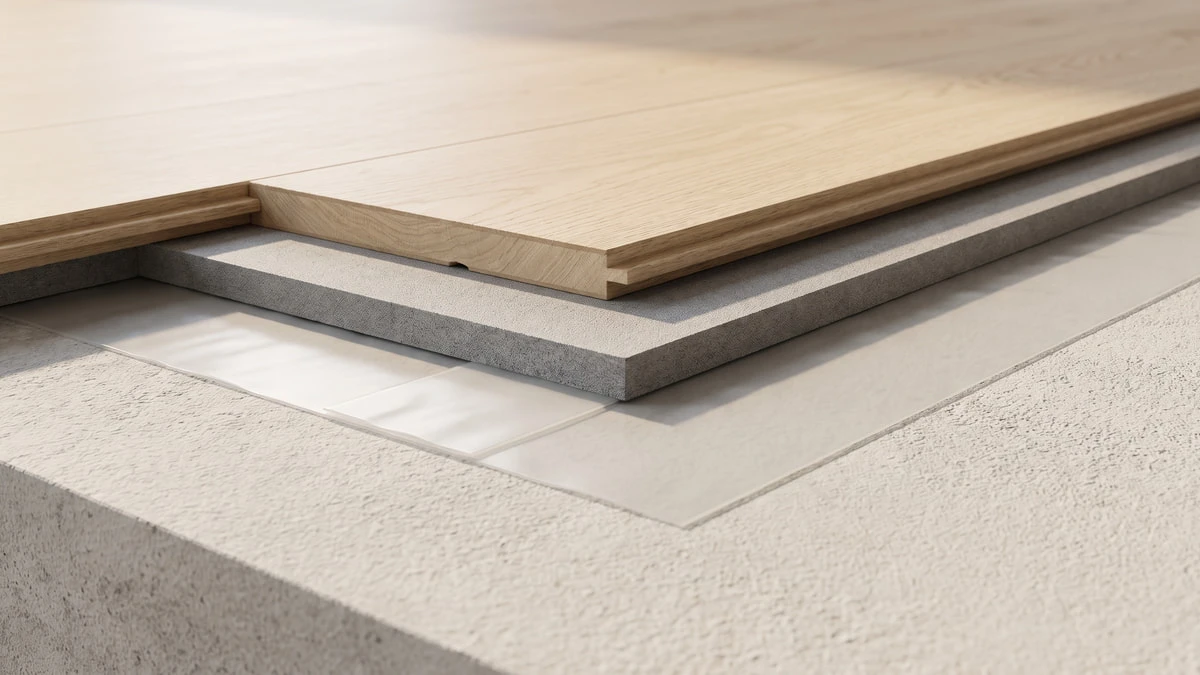 Schichtaufbau aus Estrich, Dampfbremse, Trittschalldämmung und Laminat