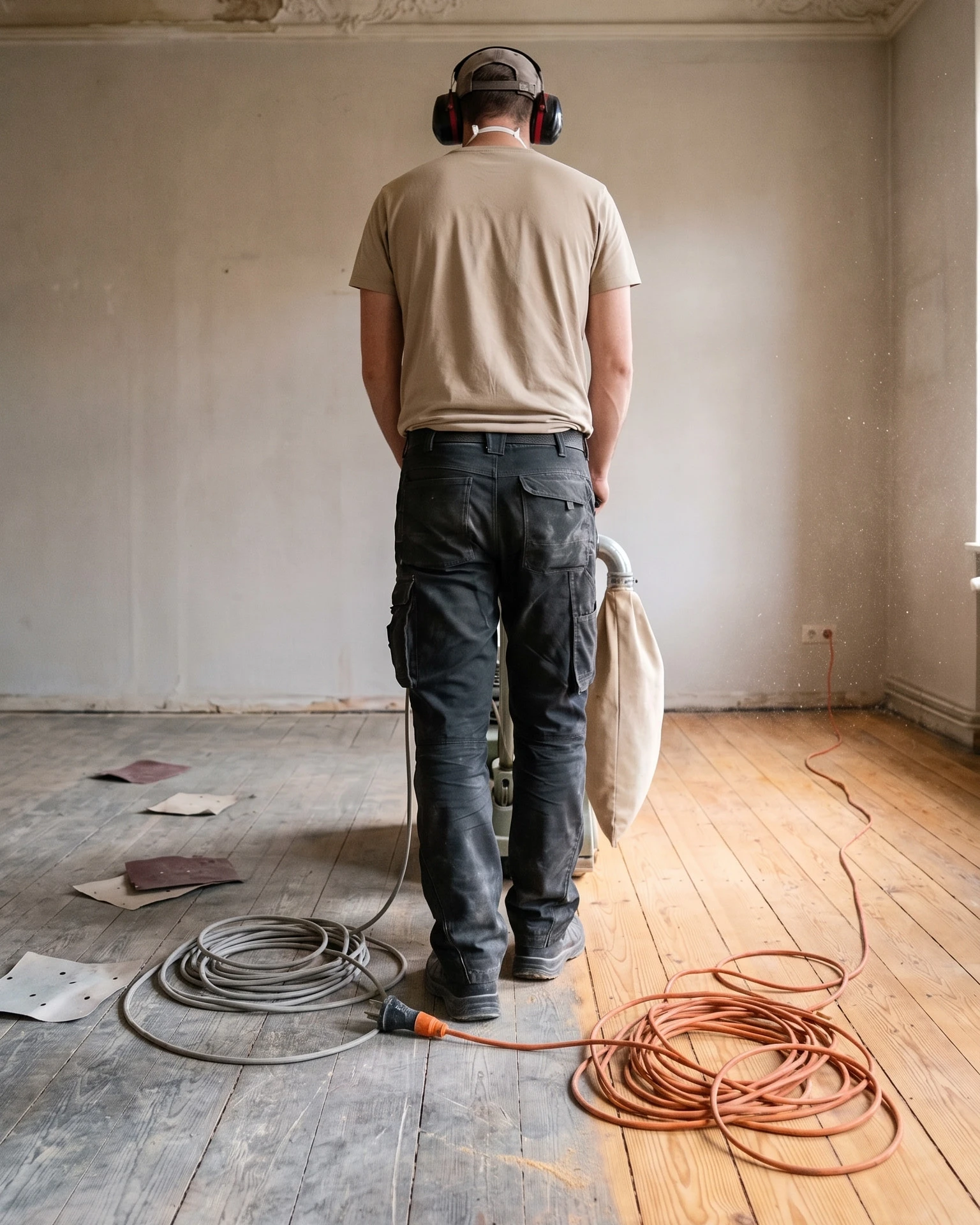 Altbau-Dielenboden während der Sanierung – halb abgeschliffen, halb im alten Zustand