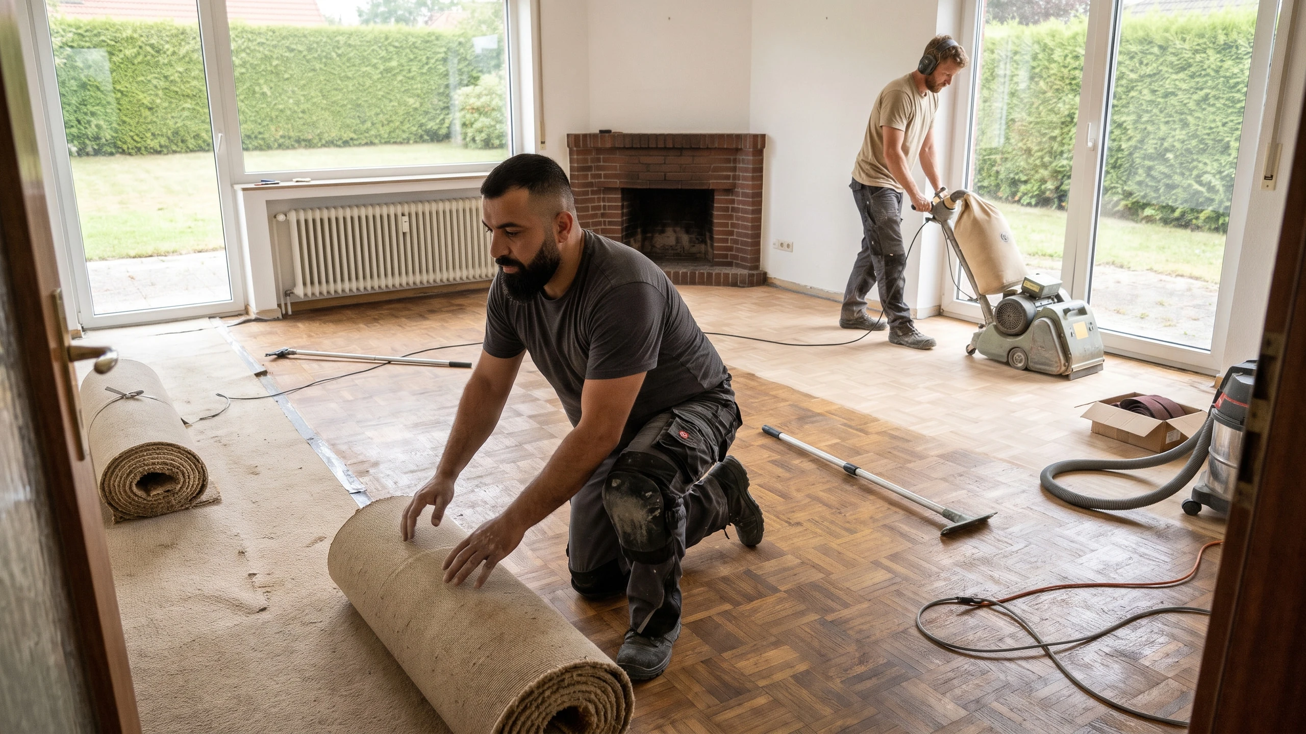 Bodenleger rollt alten Teppichboden auf, darunter kommt Mosaikparkett zum Vorschein – im Hintergrund schleift ein Kollege das Parkett mit der Walzenschleifmaschine