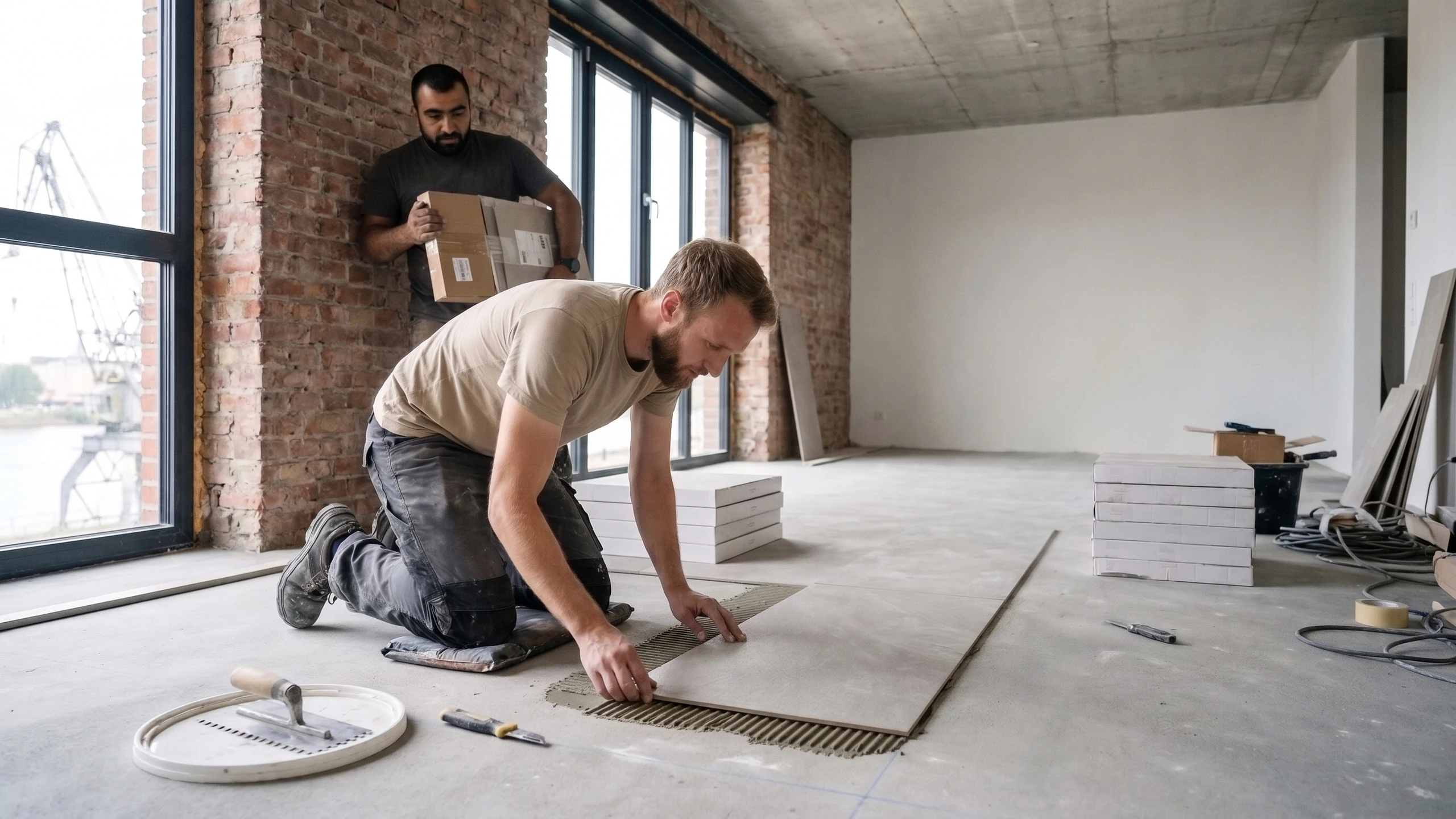 Bodenleger legt eine große Vinylfliese in Steinoptik ins Kleberbett, ein Kollege bringt Nachschub – im Loft mit Backsteinwand und Hafenkran vor dem Fenster
