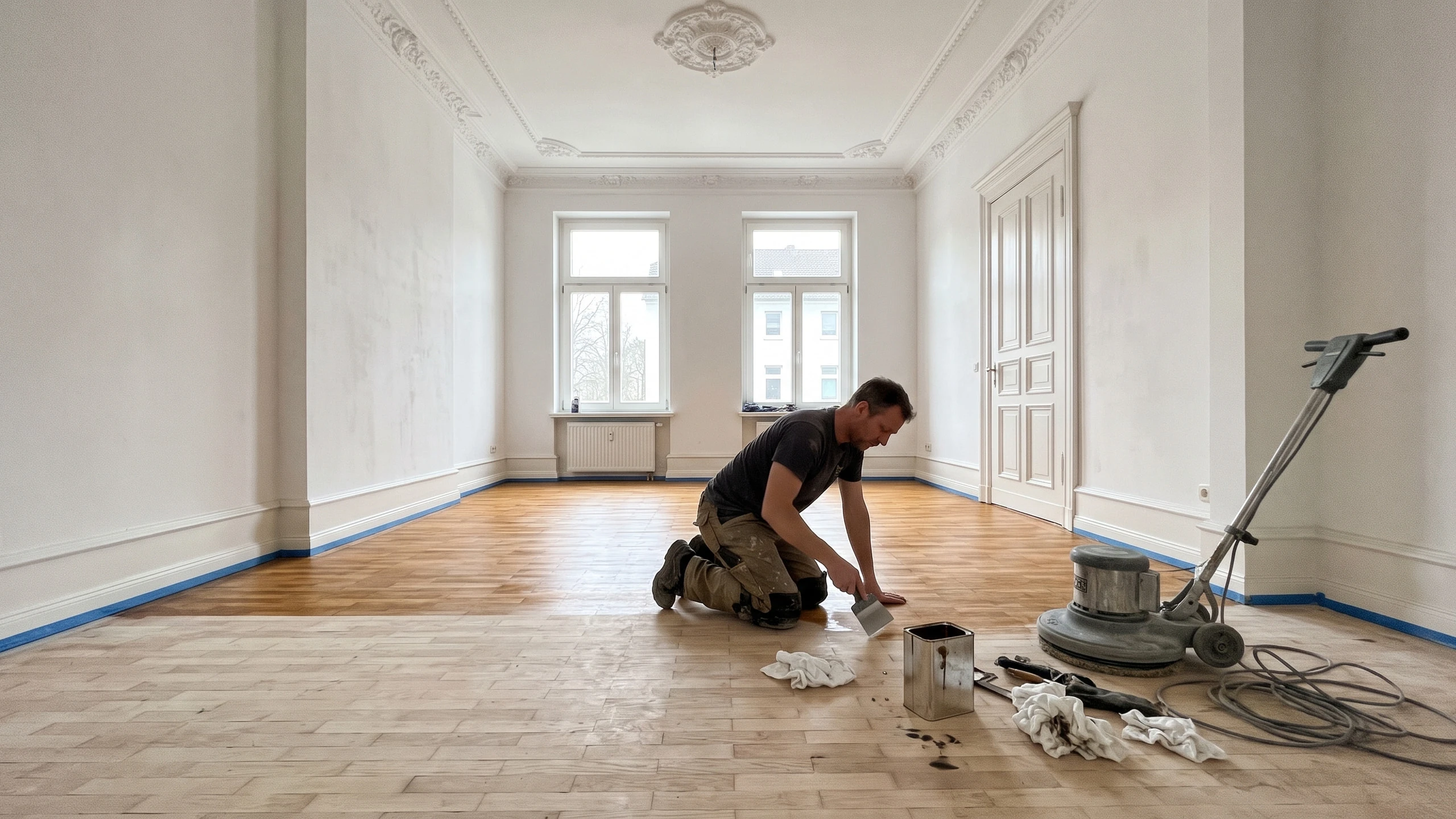 Bodenleger ölt abgeschliffenes Eichen-Stabparkett in einem hohen Altbauzimmer mit Stuckdecke