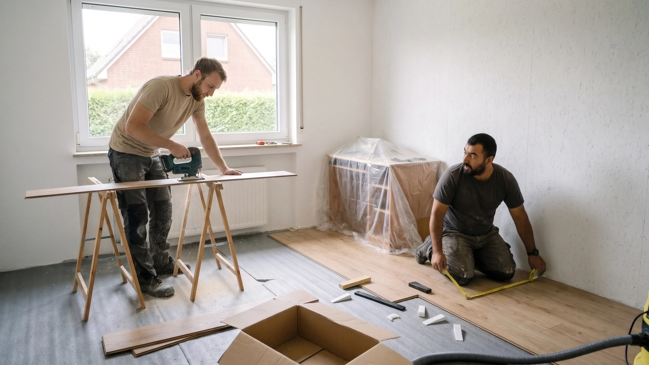 Bodenleger sägt eine Laminatdiele auf zwei Böcken zu, sein Kollege misst an der Wand die letzte Reihe aus