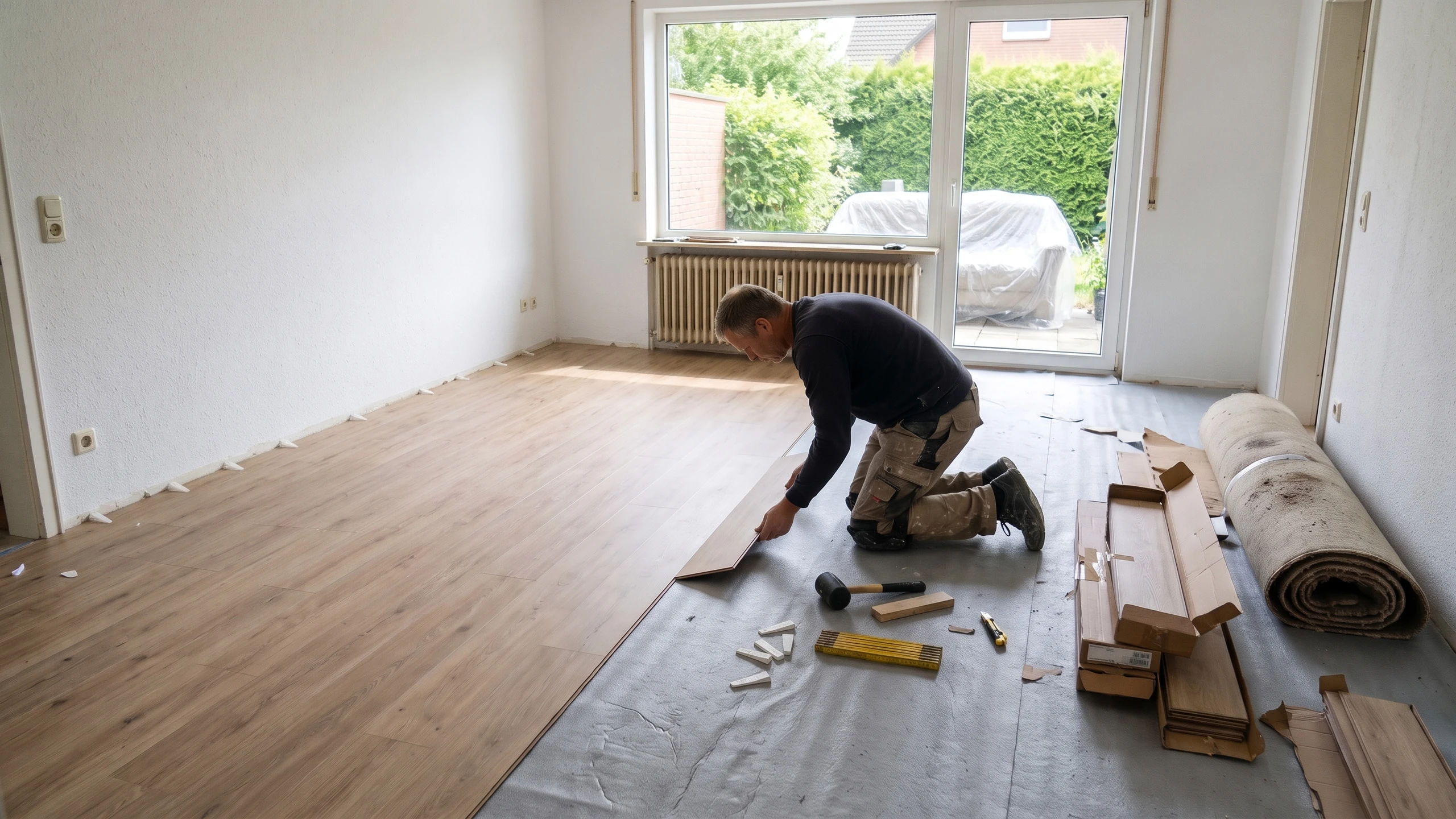 Bodenleger verlegt Klick-Vinyl in Eichenoptik im Wohnzimmer eines Einfamilienhauses, der alte Teppich liegt aufgerollt an der Wand
