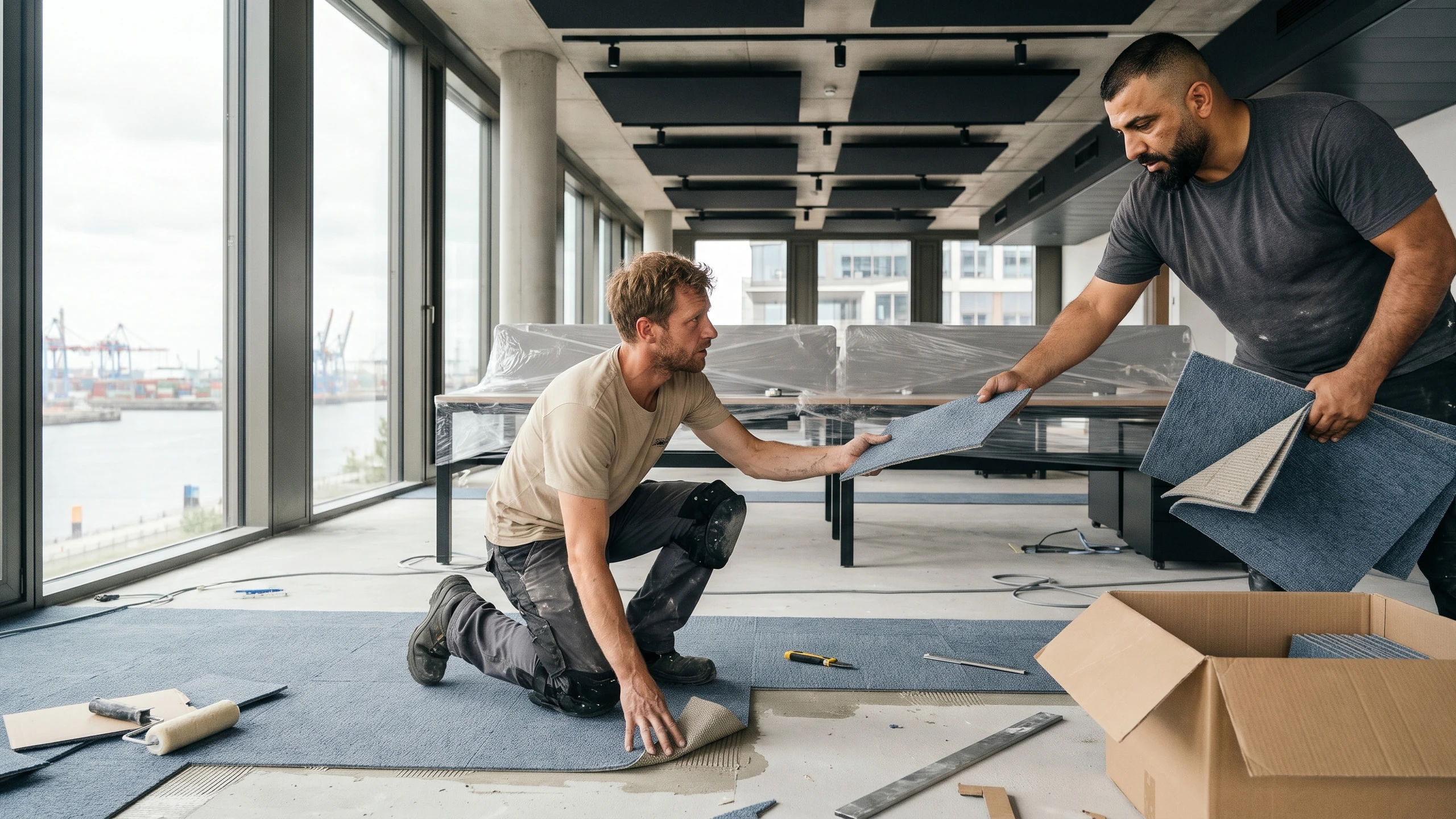 Bodenleger reicht seinem knienden Kollegen eine blaue Teppichfliese an – in einem Büro mit großen Fenstern und Blick auf den Hafen